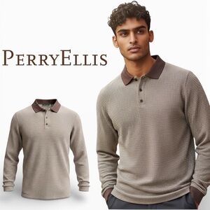 Perry Ellis Long Sleeve Polo Shirt Men Size M Brown Cotton NWT